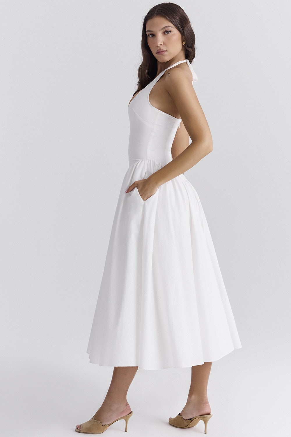 Modern White Cotton Halter Midi Sundress
