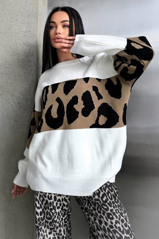 Retro Leopard Print Color-Block Knit Sweater