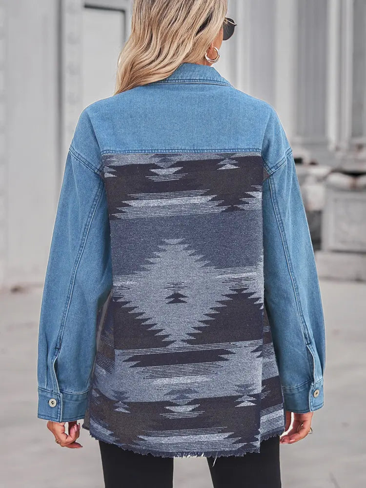 Coat with Patchwork, Geometric Pattern and Button Closure