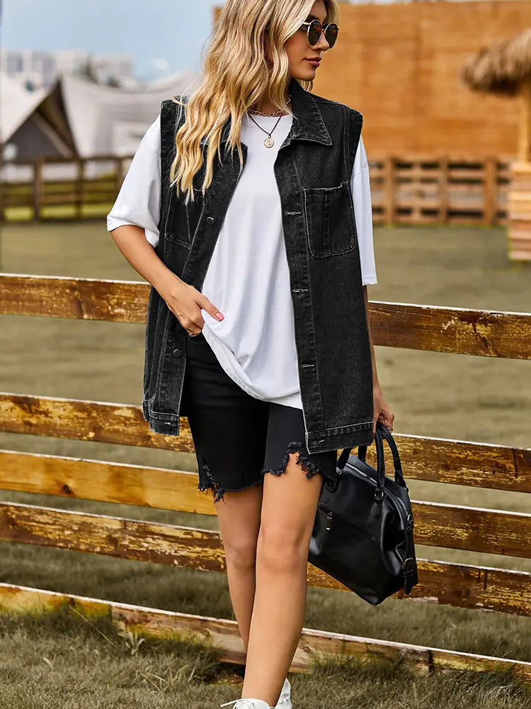 Denim Vest with Button Closure, Pockets and Relaxed Fit