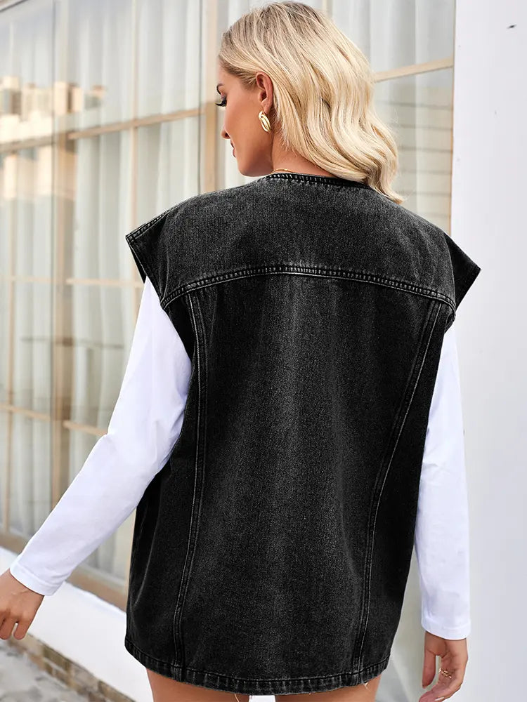 Washed Denim Vest with Button Closure and Multiple Pockets