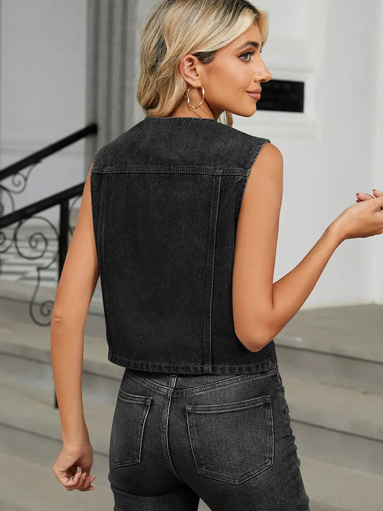 Denim Vest with a Fitted Cut, Button Closure and Relaxed Fit