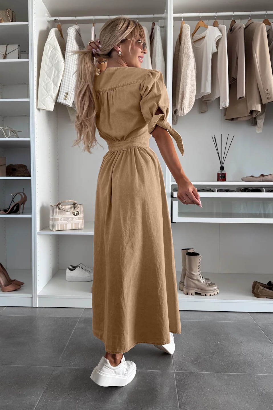 Clean-Lined V-Neck Buttoned Denim Gown