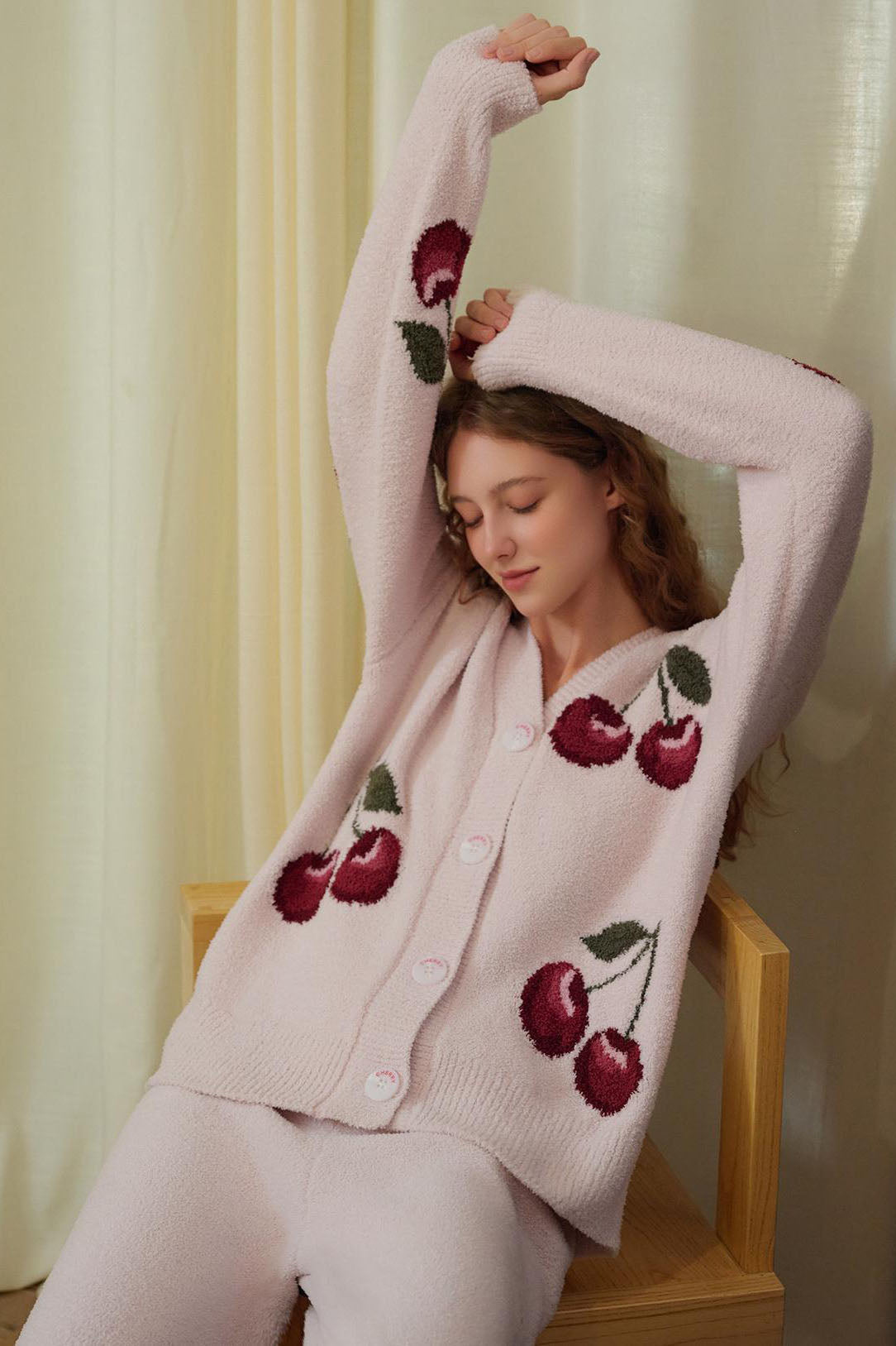 Soft Half Velvet Cherry Knit Cardigan Pajama Set