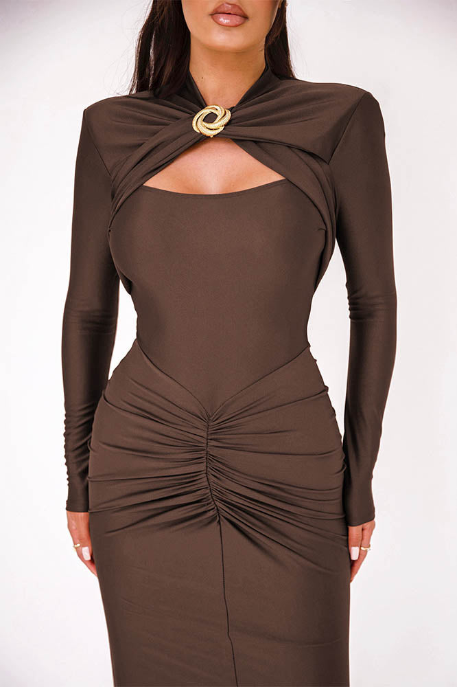 Long Sleeve Slim Fitted Party Midi-Length Dress