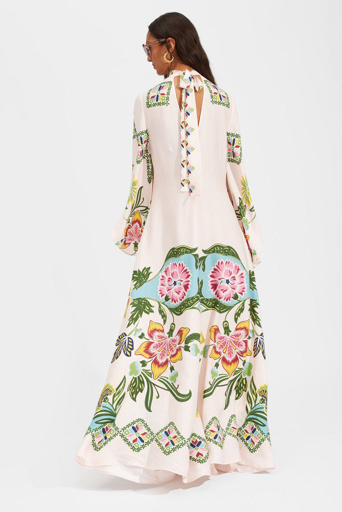 Exquisite Sunshine Flower Print Flowing Maxi-Length Dress