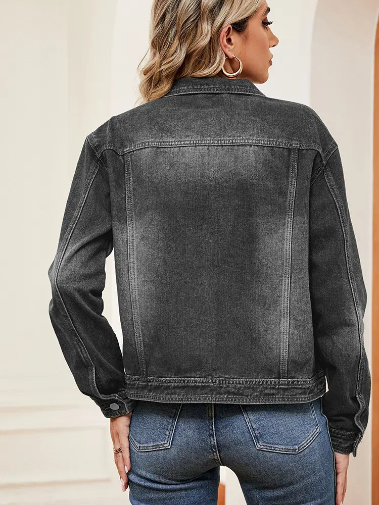 Washed Denim Jacket with Button Closure, Pockets and Long Sleeves