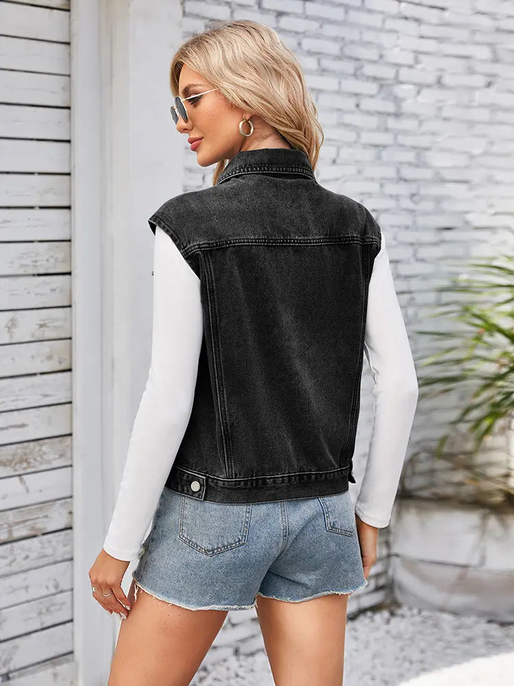 Lightweight Washed Denim Vest with Button Closure and Relaxed Fit