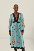 Blue Flowing Beauty Long Sleeve Midi-Length Dress