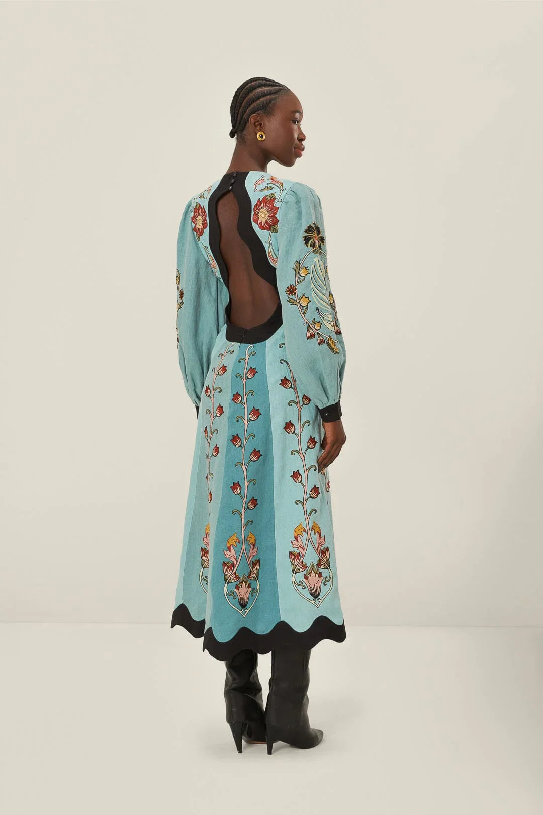Blue Flowing Beauty Long Sleeve Midi-Length Dress