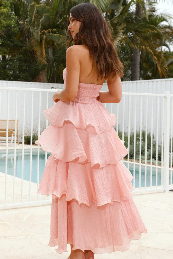 Sexy Stylish Strapless Open-Back Tiered Midi-Length Dress