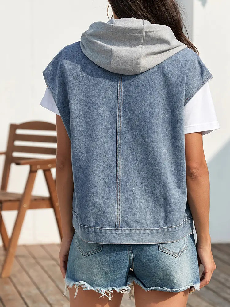 Washed, Lightweight Denim Vest with Fitted Cut and Button Closure