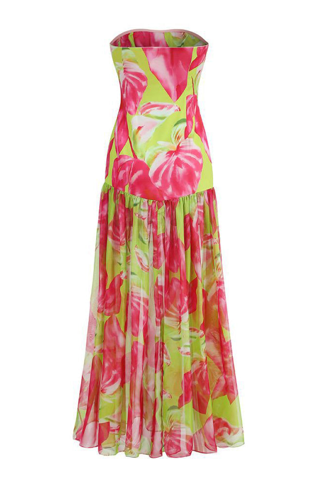 Pam Patterned Strapless Slit Maxi-Length Dress