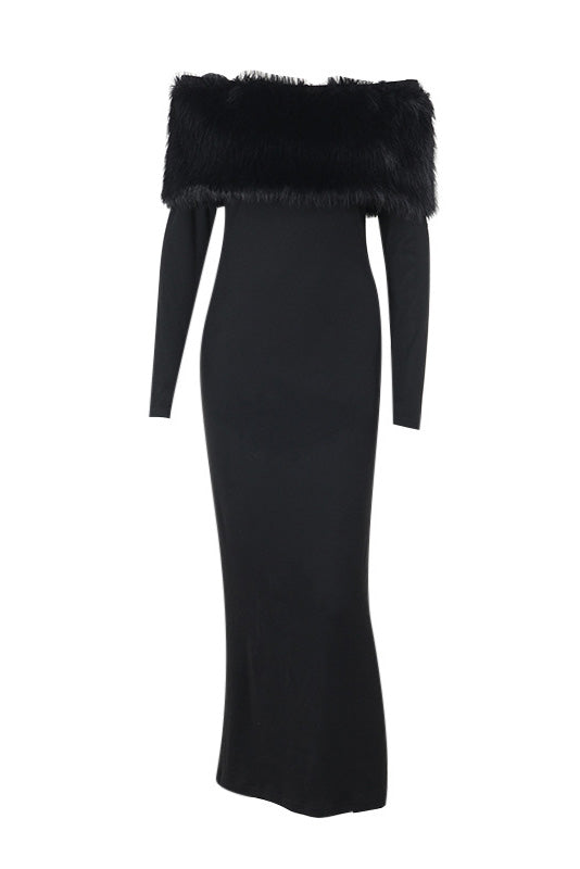 Fur Collar Off-shoulder Midi-Length Dress