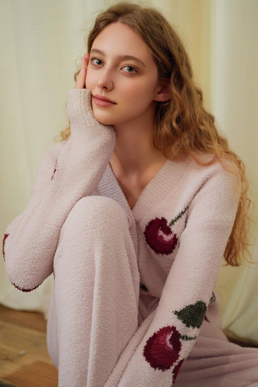 Soft Half Velvet Cherry Knit Cardigan Pajama Set