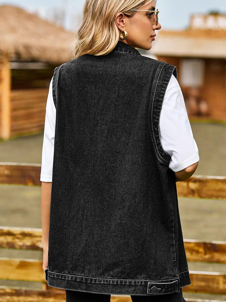 Denim Vest with Button Closure, Pockets and Relaxed Fit
