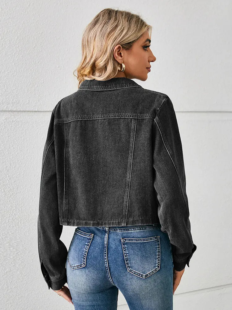 Cropped Denim Jacket with Button Closure and Pockets