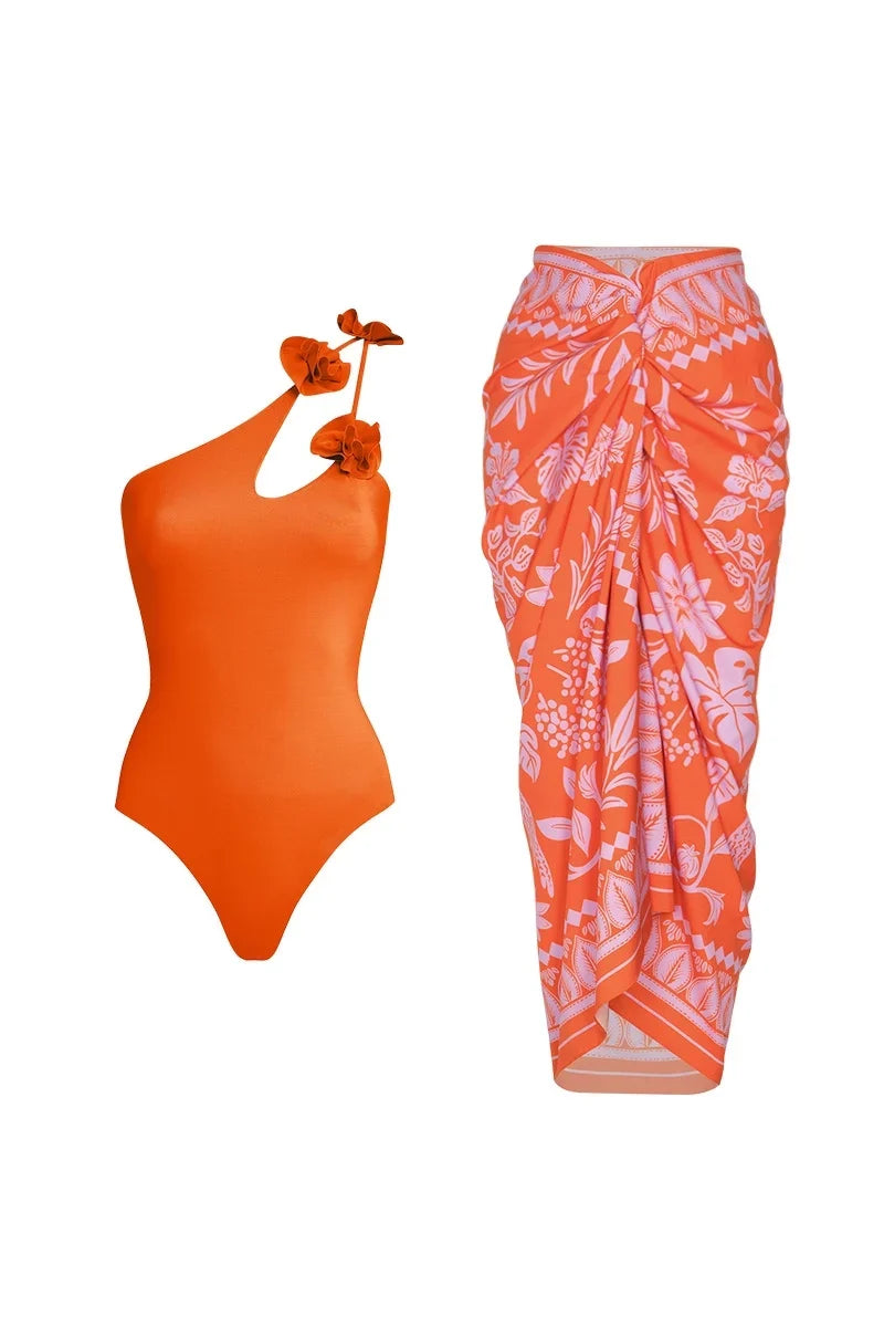 Flower One-Shoulder Cut-Out Swimwear Set