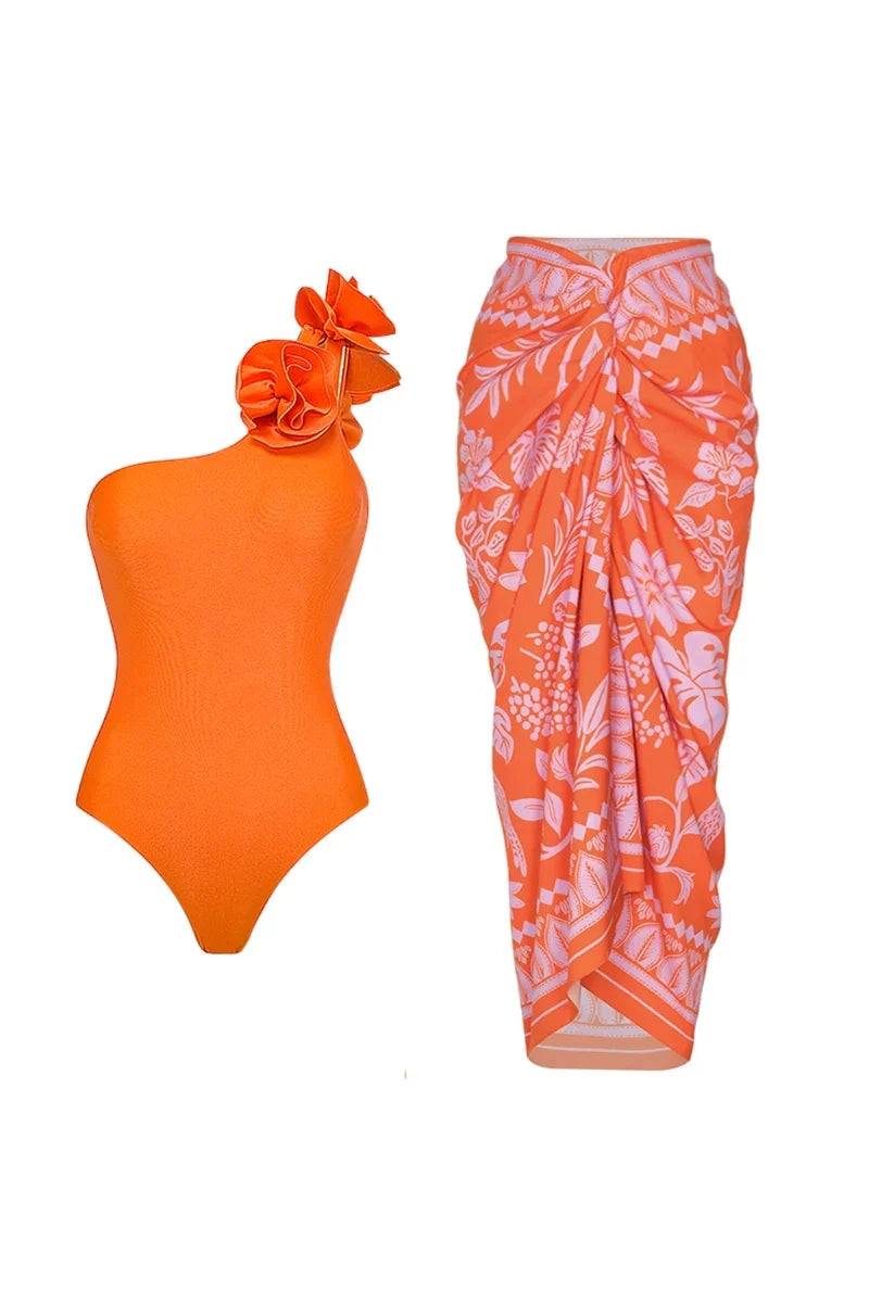 3D Flower Glossy Solid Swimwear Set
