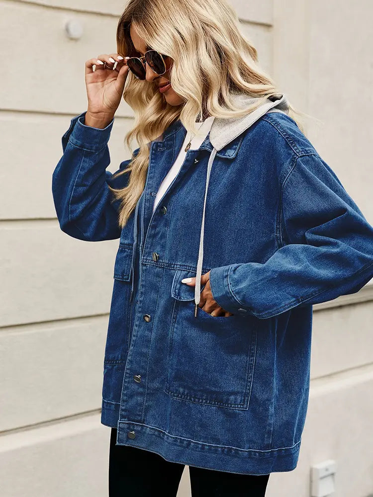 Oversized Denim Jacket with Button Closure and Pockets