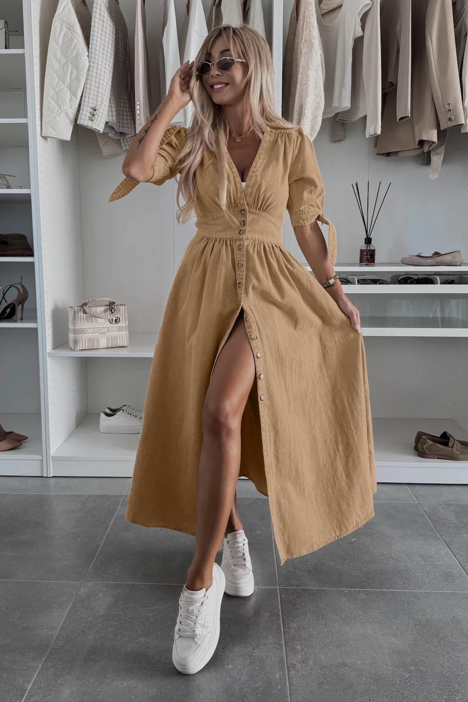 Clean-Lined V-Neck Buttoned Denim Gown