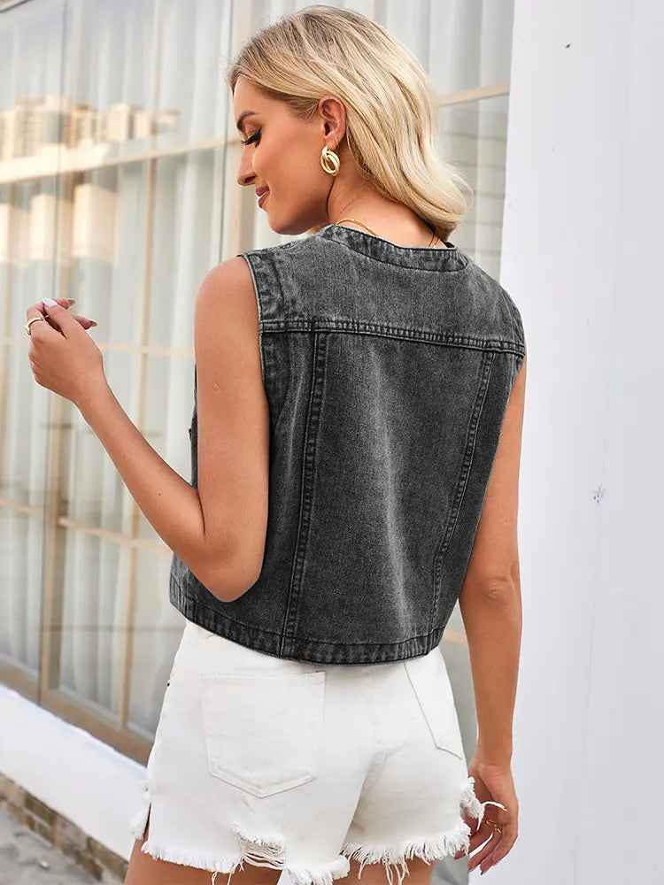 Cropped Washed Denim Vest, Collarless