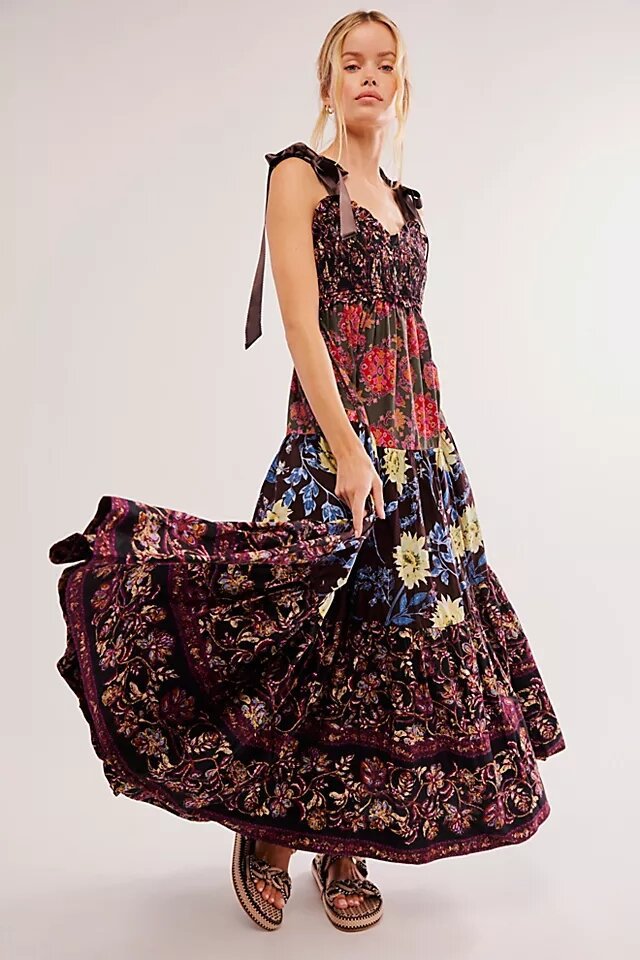 Bow-Strap Flower Tiered Maxi-Length Dress