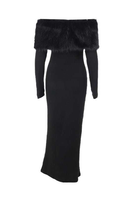 Fur Collar Off-shoulder Midi-Length Dress