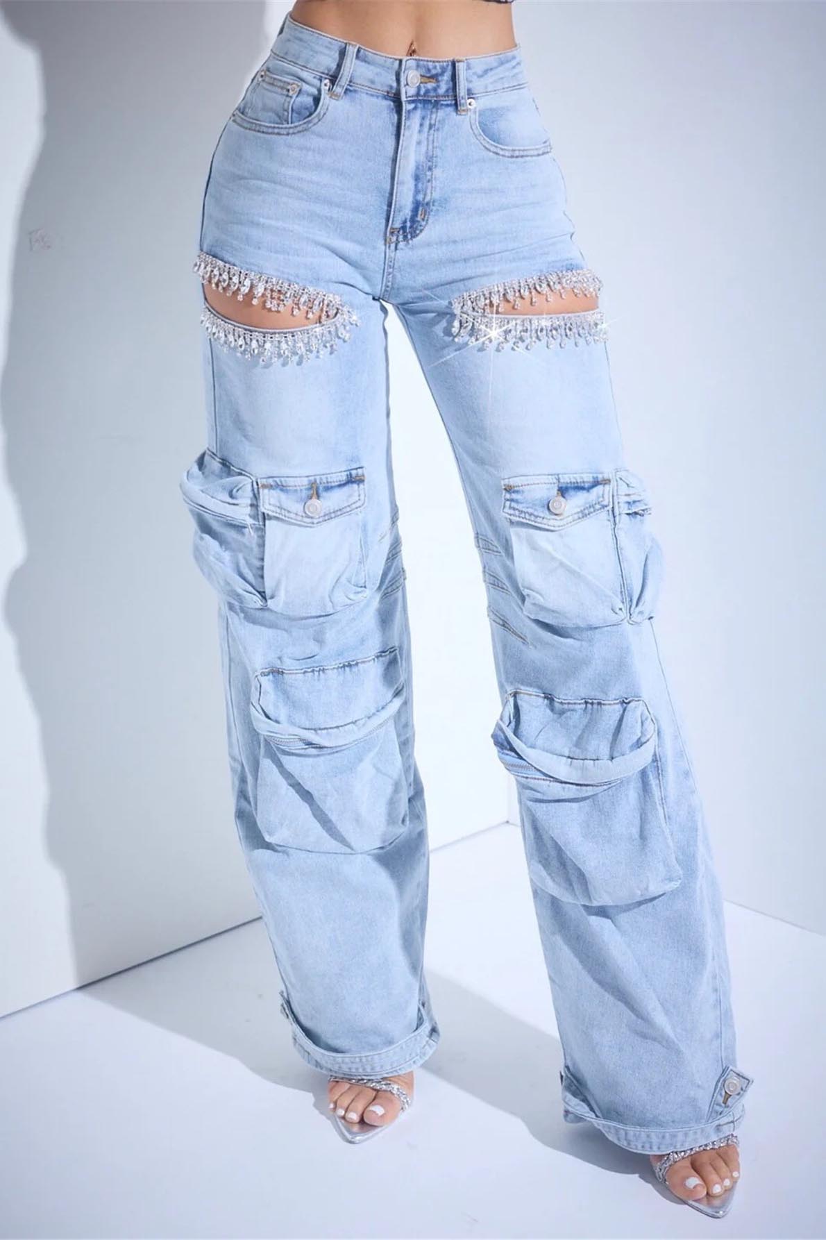 Cut Out Crystal-Detail Cargo Jeans