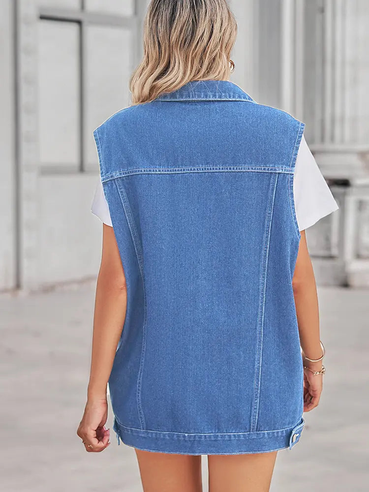 Denim Vest with Patchwork, Geometric Pattern and Button Closure