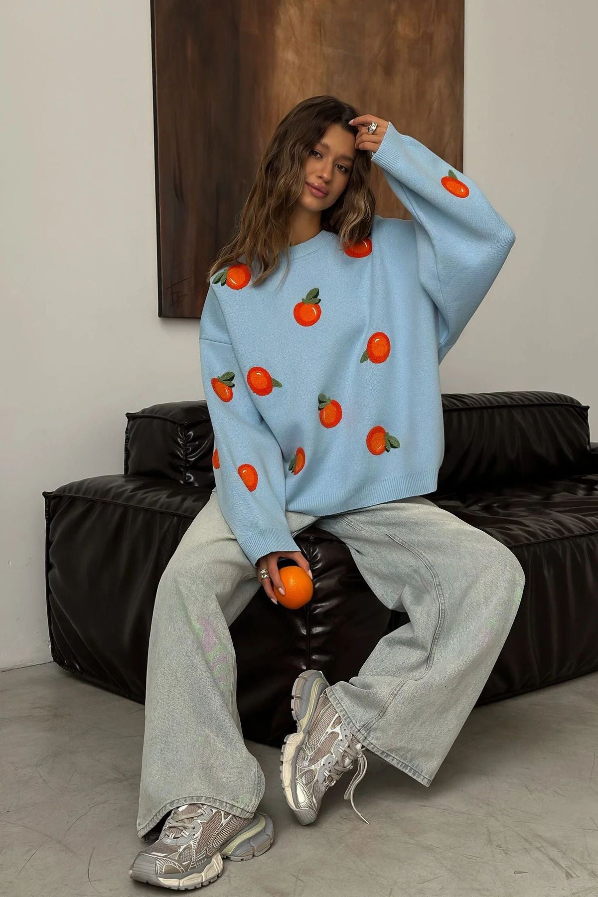 Modern Girls' Orange Flocked Knit Sweater