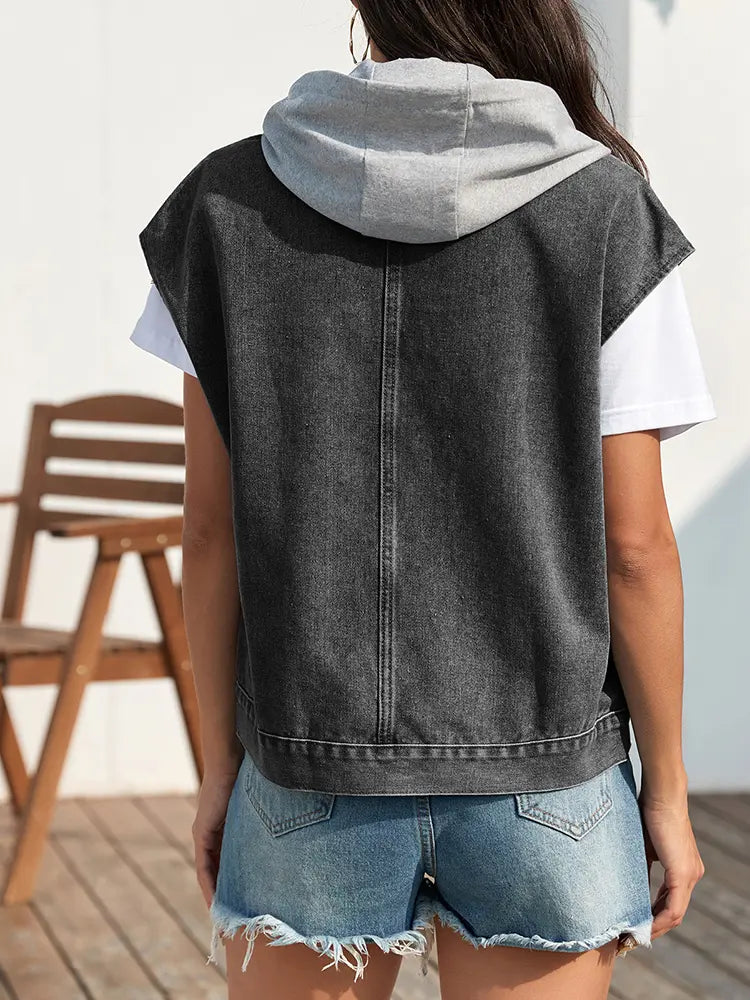 Washed, Lightweight Denim Vest with Fitted Cut and Button Closure