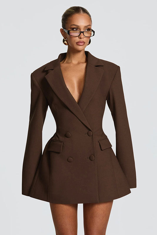 Deep V-Neck Waisted Blazer Mini-Length Dress
