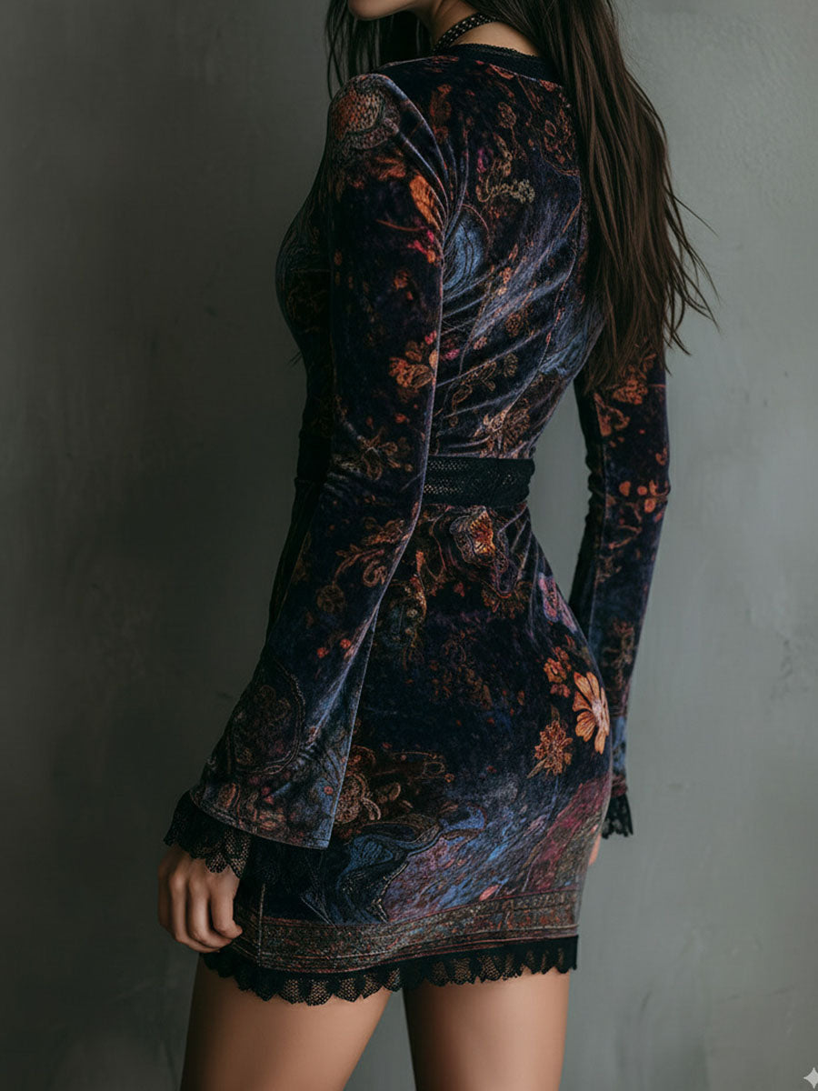 Boho Flower Print V-Neck Velvet Fitted Mini-Length Dress With Lace Trim
