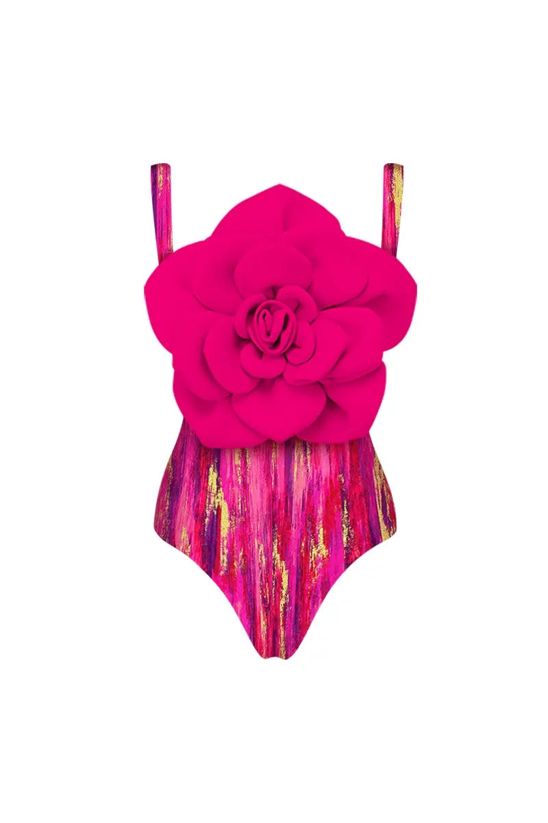 Flower Front Decor Patterned One Piece Swimwear Set