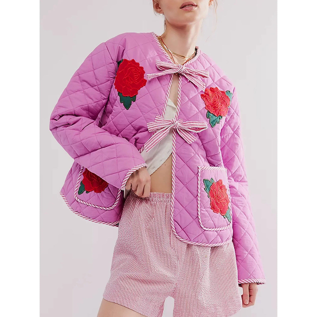 Lightweight Denim Jacket with Bow Details and Crew Neck