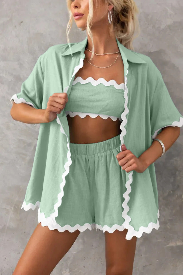 Simple Knit Cardigan Wavy Stitching Set