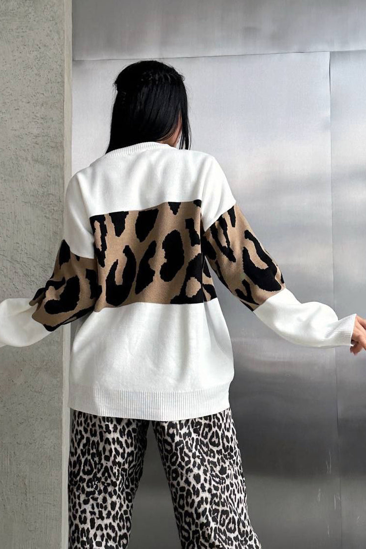 Retro Leopard Print Color-Block Knit Sweater