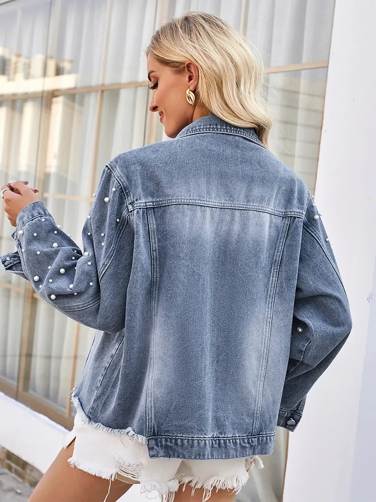 Washed Denim Jacket with Pearl Details and Long Sleeves