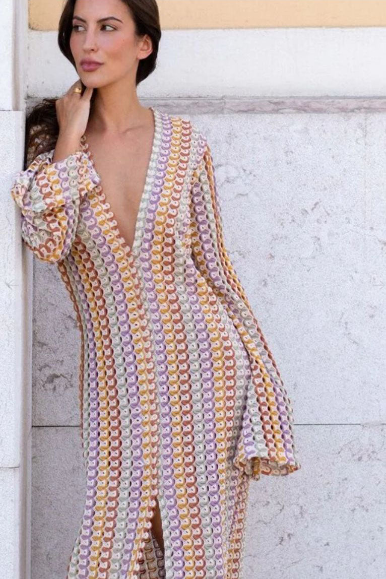 Boho V-Neck Bell Sleeve Wavy Striped Crochet Beach Vacation Maxi-Length Dress
