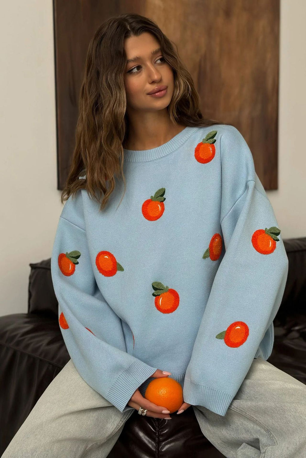 Modern Girls' Orange Flocked Knit Sweater