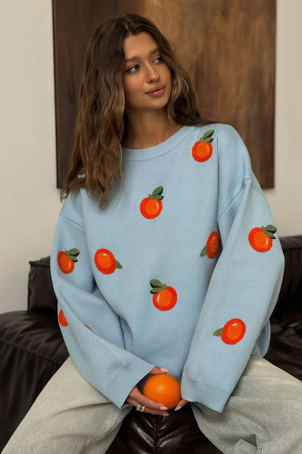Modern Girls' Orange Flocked Knit Sweater