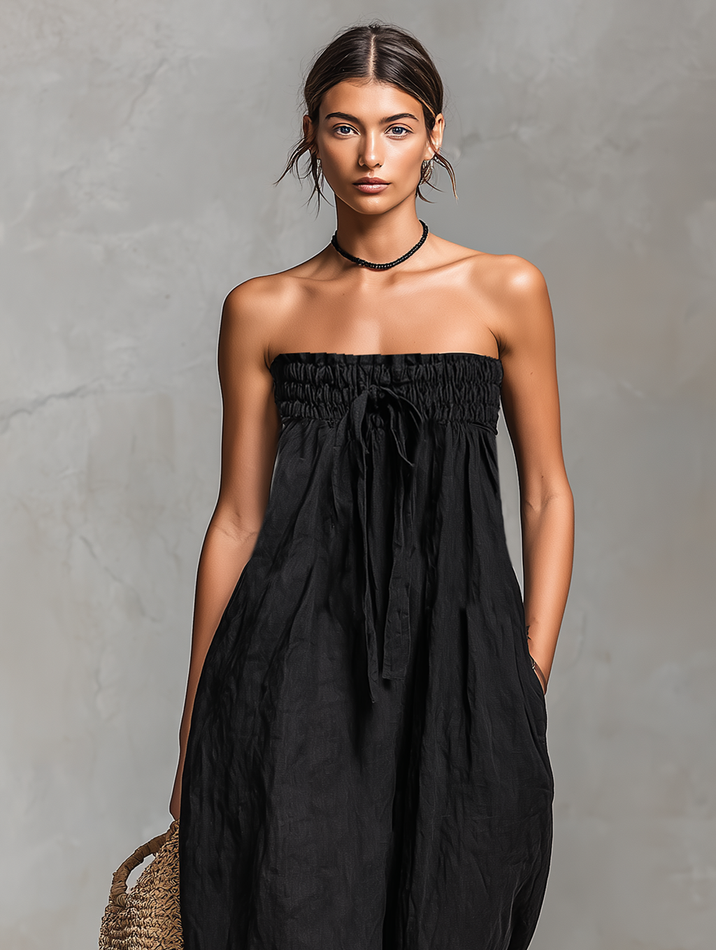 Modern Loose-Fit Linen-Blend Strapless Tie Jumpsuit