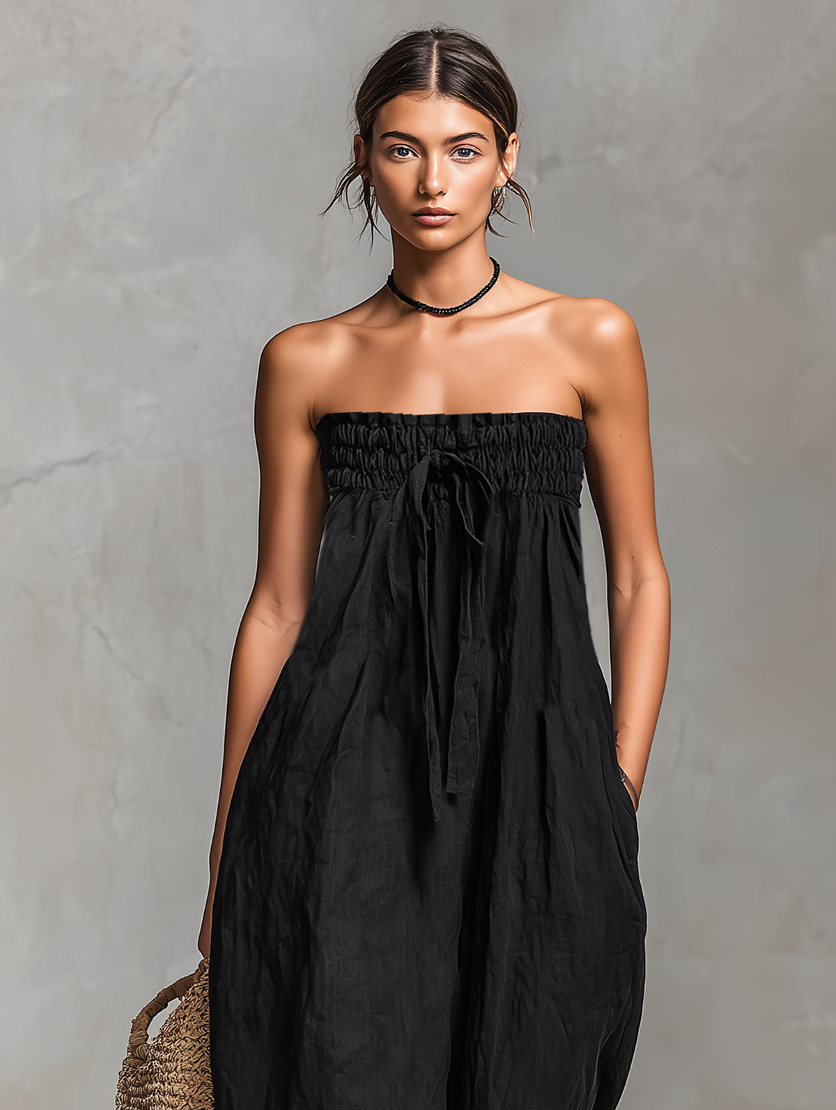 Modern Loose-Fit Linen-Blend Strapless Tie Jumpsuit