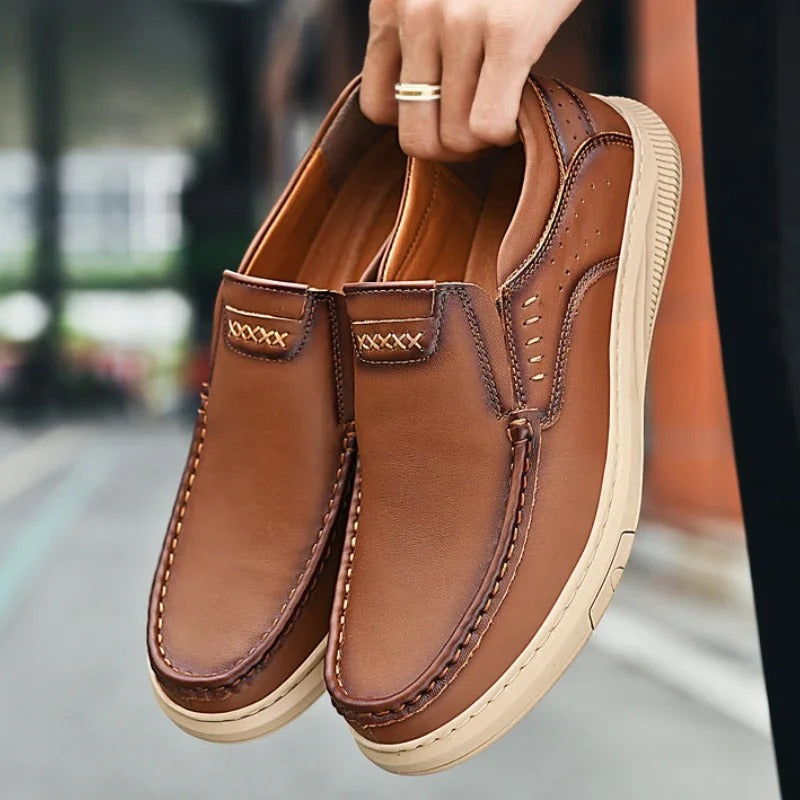 Cowhide Leather Loafers with Rubber Sole