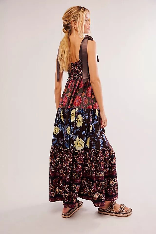 Bow-Strap Flower Tiered Maxi-Length Dress