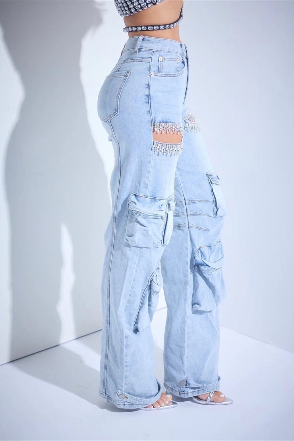 Cut Out Crystal-Detail Cargo Jeans