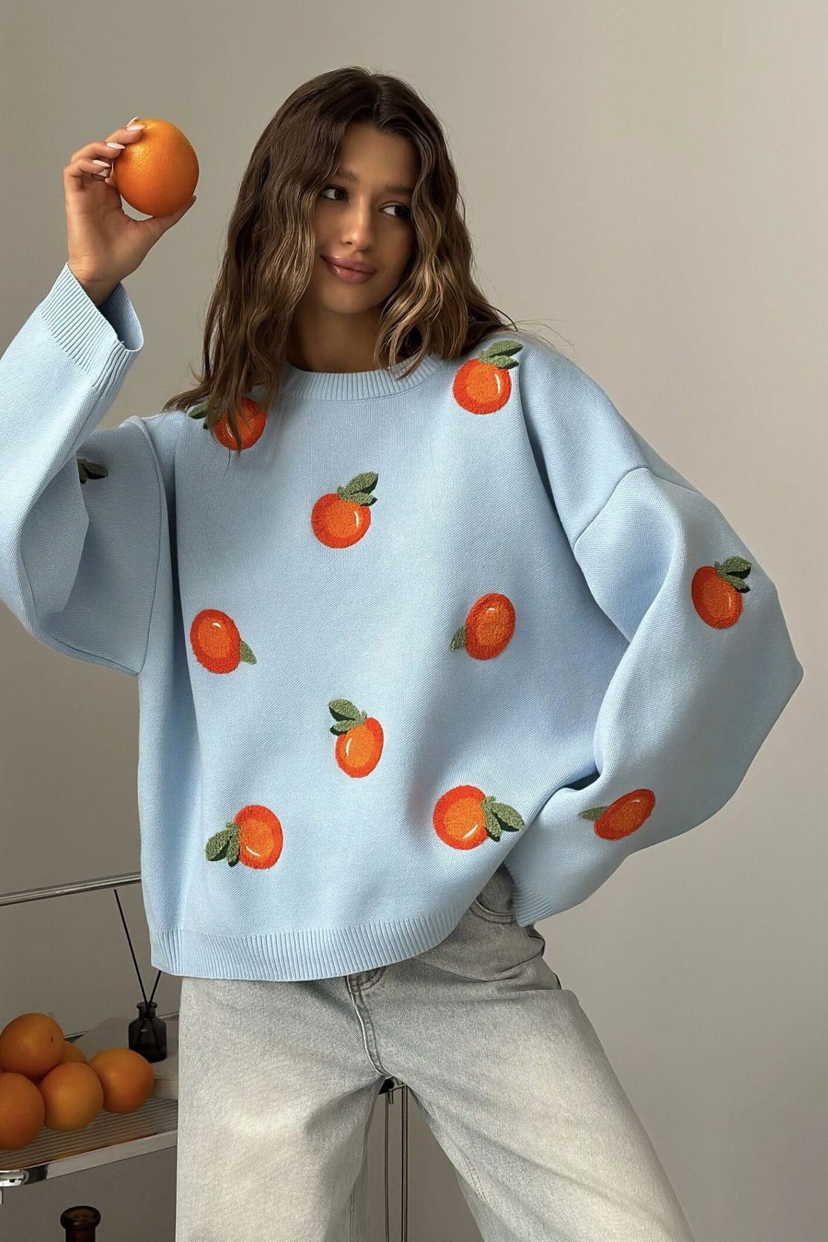 Modern Girls' Orange Flocked Knit Sweater