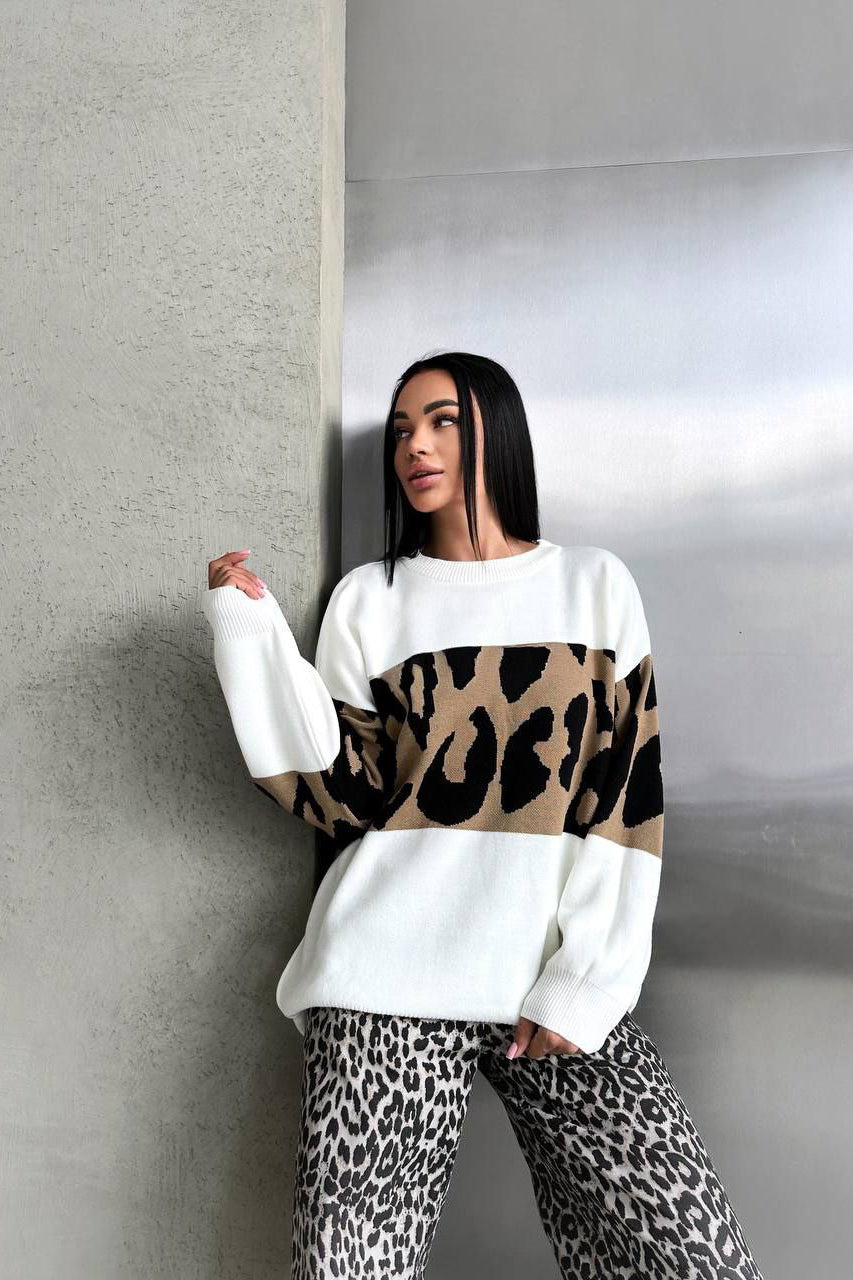 Retro Leopard Print Color-Block Knit Sweater