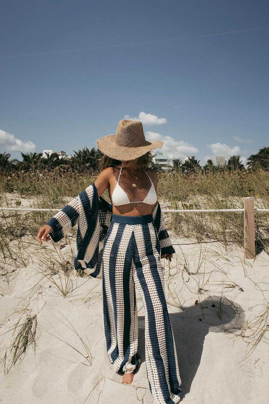 Coordinated Hollow Striped Shirt Knit Set
